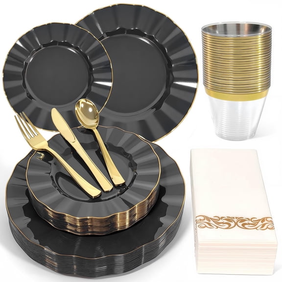 175-Piece Gold Plastic Dinnerware Set for 25 Guests, Disposable Plates with Cutlery & Cups