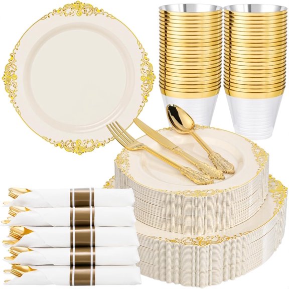 175-Piece Ivory and Gold Disposable Dinnerware Set for 25 Guests