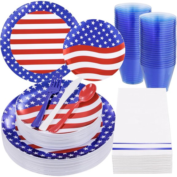 175-Piece Red White Blue Disposable Plastic Plates with American Flag Design