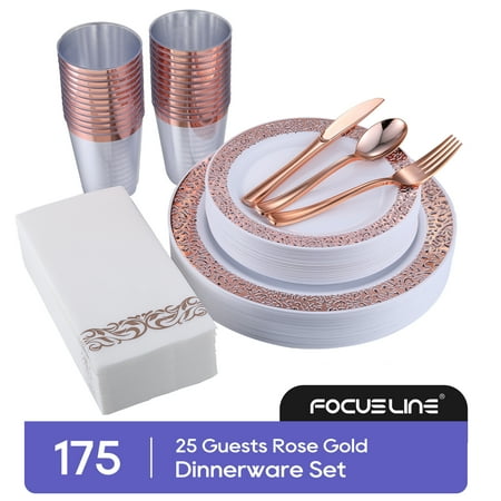 175 Piece Rose Gold Dinnerware Set 25 Guest-50 Rose Gold Lace Plastic Plates-25 Plastic Silverware-25 Plastic Cups-25 Linen Feel Paper Napkins, FOCUSLINE Disposable Dinnerware Set