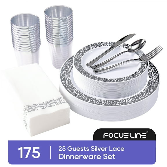 175 Piece Silver Dinnerware Set 25 Guest-50 Silver Lace Plastic Plates-25 Silver Plastic Silverware-25 Silver Plastic Cups-25 Linen Feel Silver Paper Napkins, FOCUSLINE Disposable Dinnerware Set