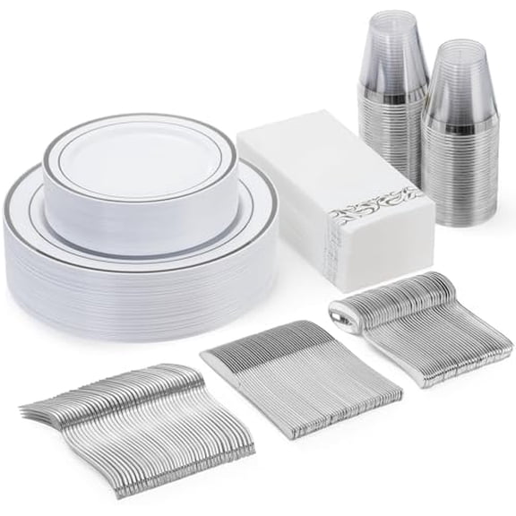 175 Piece Silver Dinnerware Set for 25 Guests, Plastic Disposable Plates for Party, Includes Dinner and Dessert Plates, Paper Napkins, Cups, Silverware Set