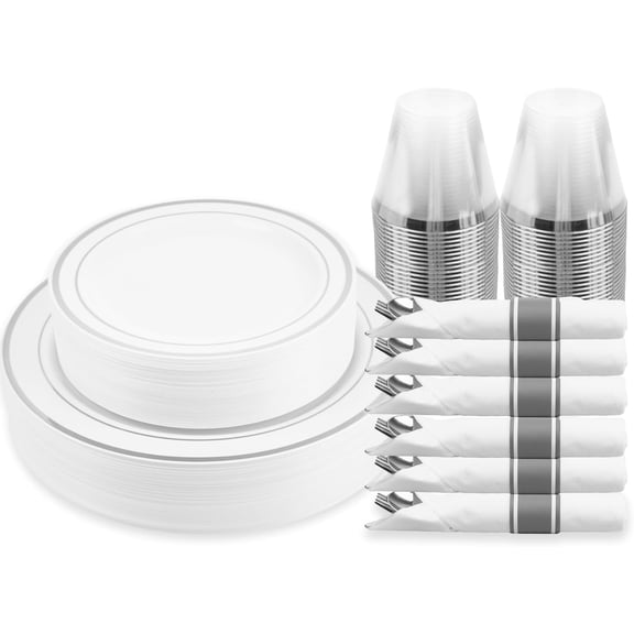 175 Piece Silver Dinnerware Set,25 Silver Rim Plastic Plates, 25 Cups,25 Pre Rolled Napkins with Plastic Silverware, Disposable Dinnerware Set for 25 Guest