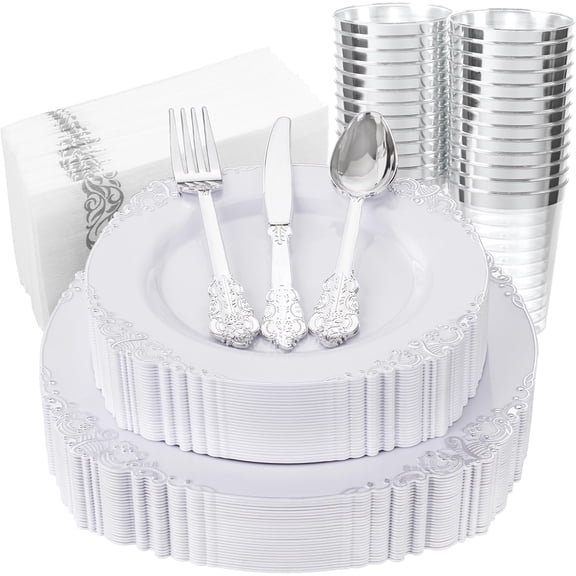 175-Piece White and Silver Disposable Dinnerware Set for 25 Guests