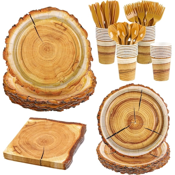 175 Pieces Rustic Wood Slice Party Supplies Camping Wood Grain Slice Tableware Set 7 Inch and 9 Inch Paper Plates Napkins Cups Cutlery for Hunting Birthday Party Decorations, Serve 25 Guests