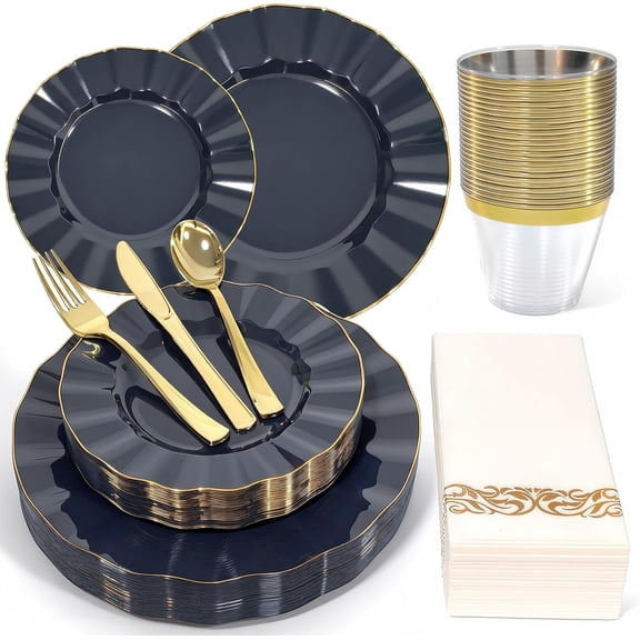 175 Plastic Dinnerware Set, Disposable Dinnerware Set for 25 Guests Include 50 Plastic Plates,25 Silverware Set,25 Cups and 25 Napkins for Christmas,Party,Wedding(Navy Blue and Gold)