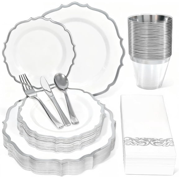 175 Plastic Dinnerware Set Silver Disposable Dinnerware Set for 25 Guests Include 50 Plastic Plates,25 Silverware Set 25 Cups and 25 Napkins for Party Wedding Thanksgiving