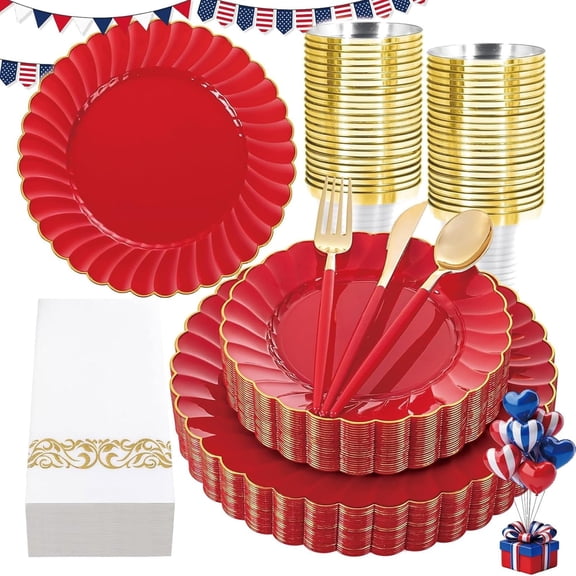 175 count Red Scalloped Plastic Plates with Trim - 4th of July Red Plastic Silverware with Handle - Fancy High-End Dinnerware Sets for Wedding & Party & Independence Day