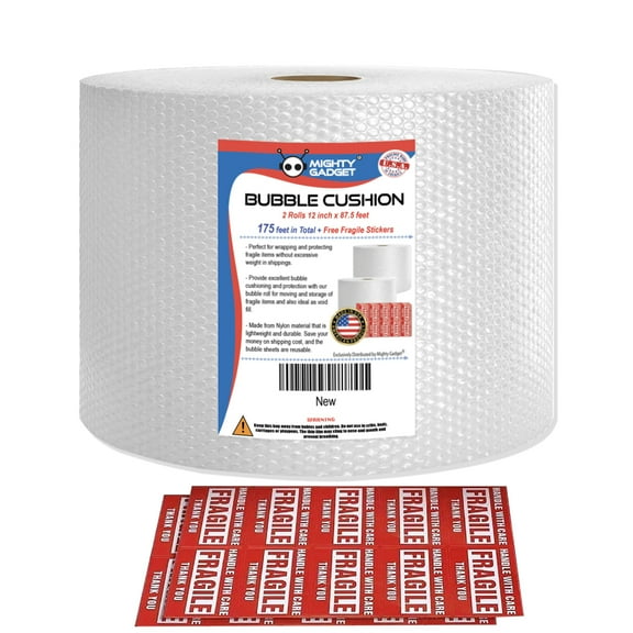 Mighty Gadget 175 Feet Bubble Cushioning Wrap for Packing, Shipping & Mailing Fragile Items, 2 Rolls of 87.5 Feet Each