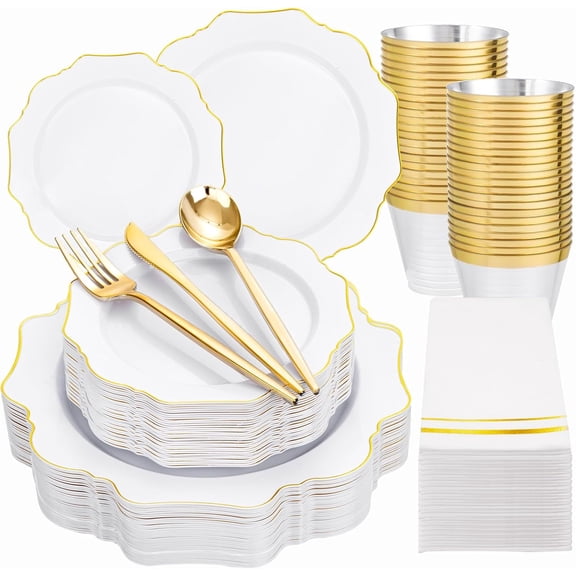175 gold plates disposable use - platinum plastic plates, plastic tableware for 25 guests, suitable for parties/weddings/first communion/spring/Mother's Day