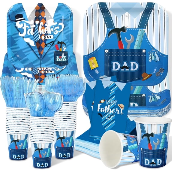 175-piece Father's Day party tableware set, including disposable plates, napkins, cups, forks, square Father's Day plates, and napkins, blue Father's Day celebration supplies set
