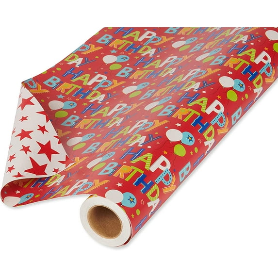 175 sq. ft. Reversible Wrapping Paper, for Birthdays, Happy Birthday Lettering and Stars (1 Jumbo Roll, 30 in. x 70 ft.)