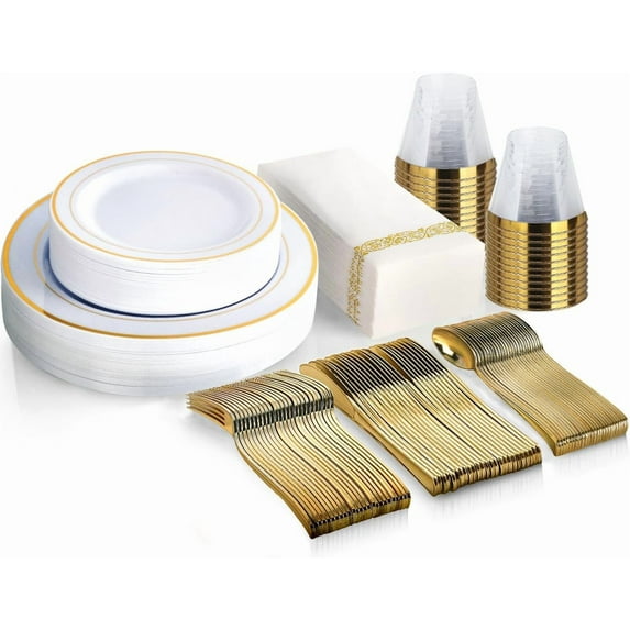 WarmHaven 175 Piece Gold Dinnerware Set - 50 Plates - 25 Silverware - 25 Cups - 25 Paper Napkins, 25 Guest Disposable Gold Dinnerware Set