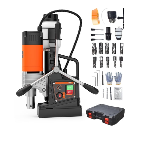 1750W Magnetic Drill Press with Variable Speed 810 RPM 2922lb Suction Force 2 Inch Boring Capacity Black Orange