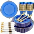thumbnail image 1 of 175PCS Blue Plastic Plates - Disposable Blue Gold Party Plates & Pre Rolled Napkins with Cutlery for 25 Guests, 50Plates, 75Silverware, 25Cups, 25Napkin for Wedding & Party & Independence Day, 1 of 18