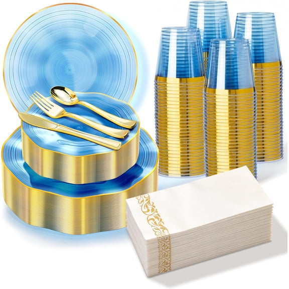 175PCS Blue Plastic Plates with Gold Rim, Disposable Party Dinnerware Set for 25 Guests, Include 25 Dinner and Salad Plates, Napkins, Forks, Spoons, Knives, Cups, Perfect for Party