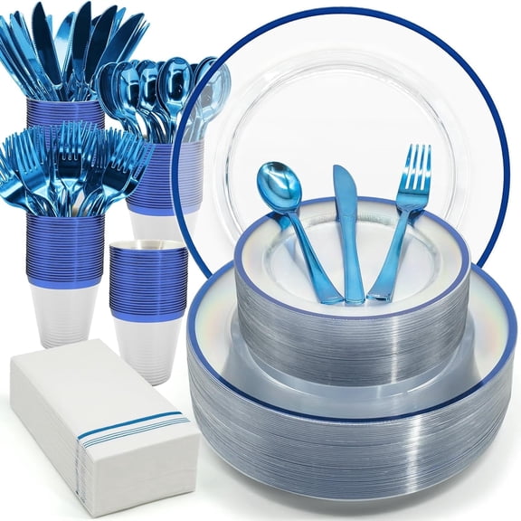 175PCS Blue Plastic Plates Set Dinnerware for 25 Guests Includes Cups Spoons Forks Knives Napkins for Wedding Birthday BBQ Christmas