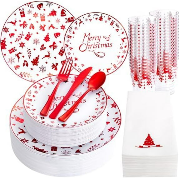 175PCS Christmas Plastic Plates - Red Plastic Plates - Christmas Disposable Dinnerware Sets Include 50Plates, 75Silverware, 25 Cups and 25Napkins for Xmas Parties