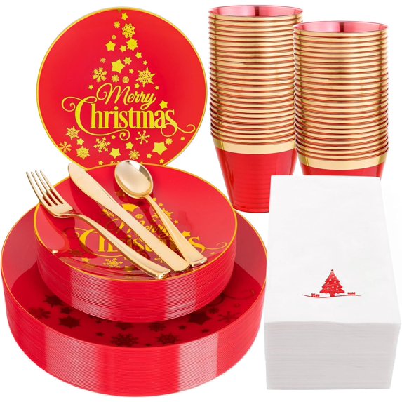 175PCS Christmas Plates - Red and Gold Disposable Plates Include 25Dinner Plates, 25Dessert Plates, 25Forks, 25Knives, 25Spoons, 25Cups, 25 Napkins Perfect for Christmas