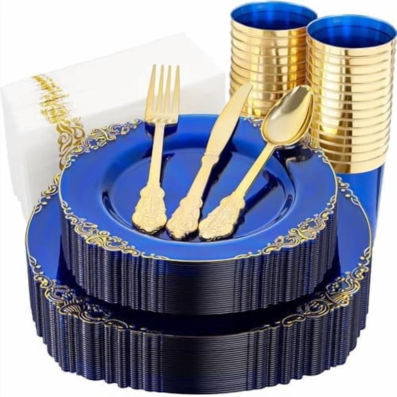 175PCS Clear Blue Plastic Plates - Plastic Dinnerware Set Include 25Dinner Plates, 25Dessert Plates, 25Cups, 25Forks, 25Knives, 25Spoons, 25Napkins Perfect for Wedding & Party