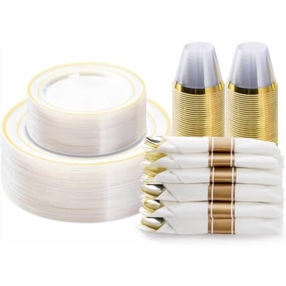 175PCS Clear Gold Plastic Dinnerware Set, Disposable Party Plates for 25 Guests, Include: 50 Plastic Plates, 25 Pre Rolled Napkins with Silverware, 25 Cups for Christmas, Halloween