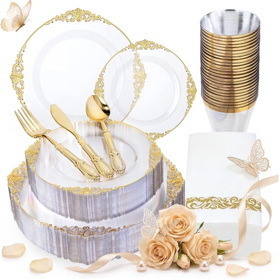 175PCS Clear and Gold Plastic Plates - Clear Plastic Dinnerware Set Include 25Dinner Plates, 25Dessert Plates 75Cutlery, 25Cups, 25Napkin Perfect for Party & Wedding &Mother's Day