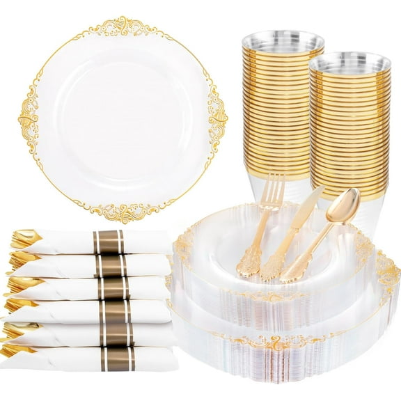 175PCS Clear Gold Plastic Plates - Disposable Gold Party Plates & Pre Rolled Napkins with Cutlery for 25 Guests, 50Plates, 75Silverware, 25Cups, 25Napkin for Wedding & Party & Thanksgiving