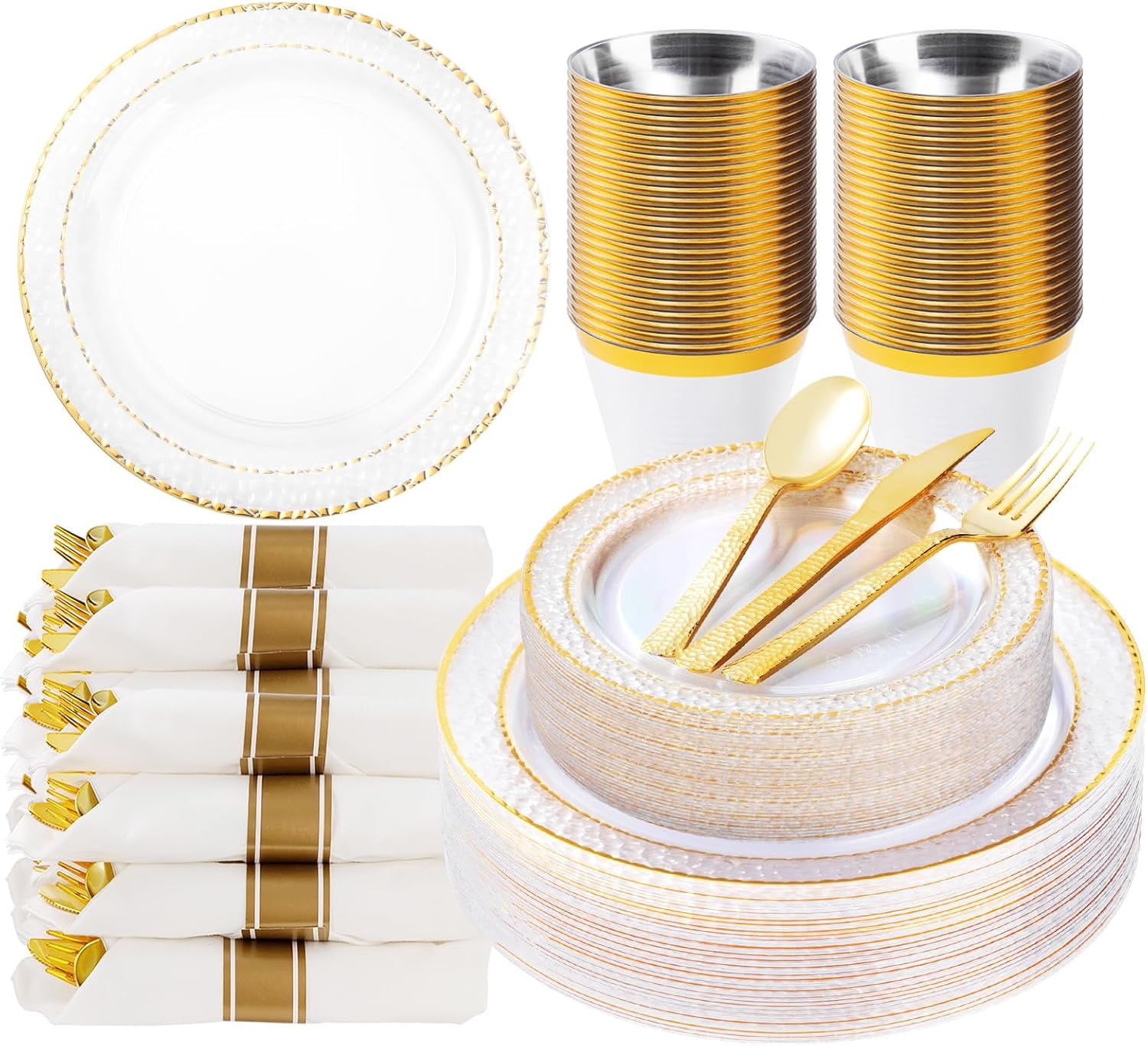 175PCS Clear Plastic Plates with Gold Trim for 25 Guests Disposable Dinnerware Set for Party Includes 50 Plastic Plates 25 Pre Rolled Napkins with Gold Silverware 25 Cups Walmart