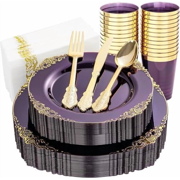175PCS Clear Purple Plastic Plates - Purple Party Plates Set for 25 Guests Include 25Dinner Plate, 25Dessert Plate, 25Cups, 75 Cutlery, 25Napkins Perfect for Wedding, Party & Bridal