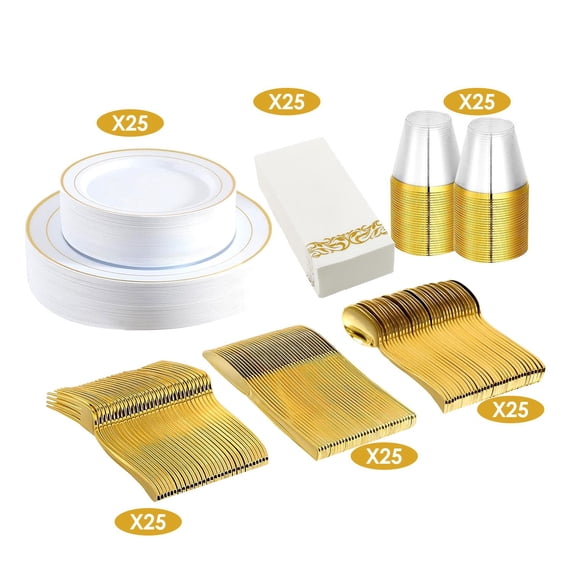 175PCS Disposable Gold Rim Dinnerware Set for 25 Guests - Premium Plastic Plates Cups Cutlery Napkins, Perfect for Wedding Birthday Halloween Christmas Catering Events