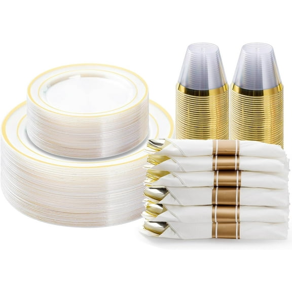 175PCS Gold Plastic Dinnerware Set, Disposable Party Plates for 25 Guests, Include: 50Plastic Plates, 25 Pre Rolled Napkins with Gold Silverware, 25 Cups