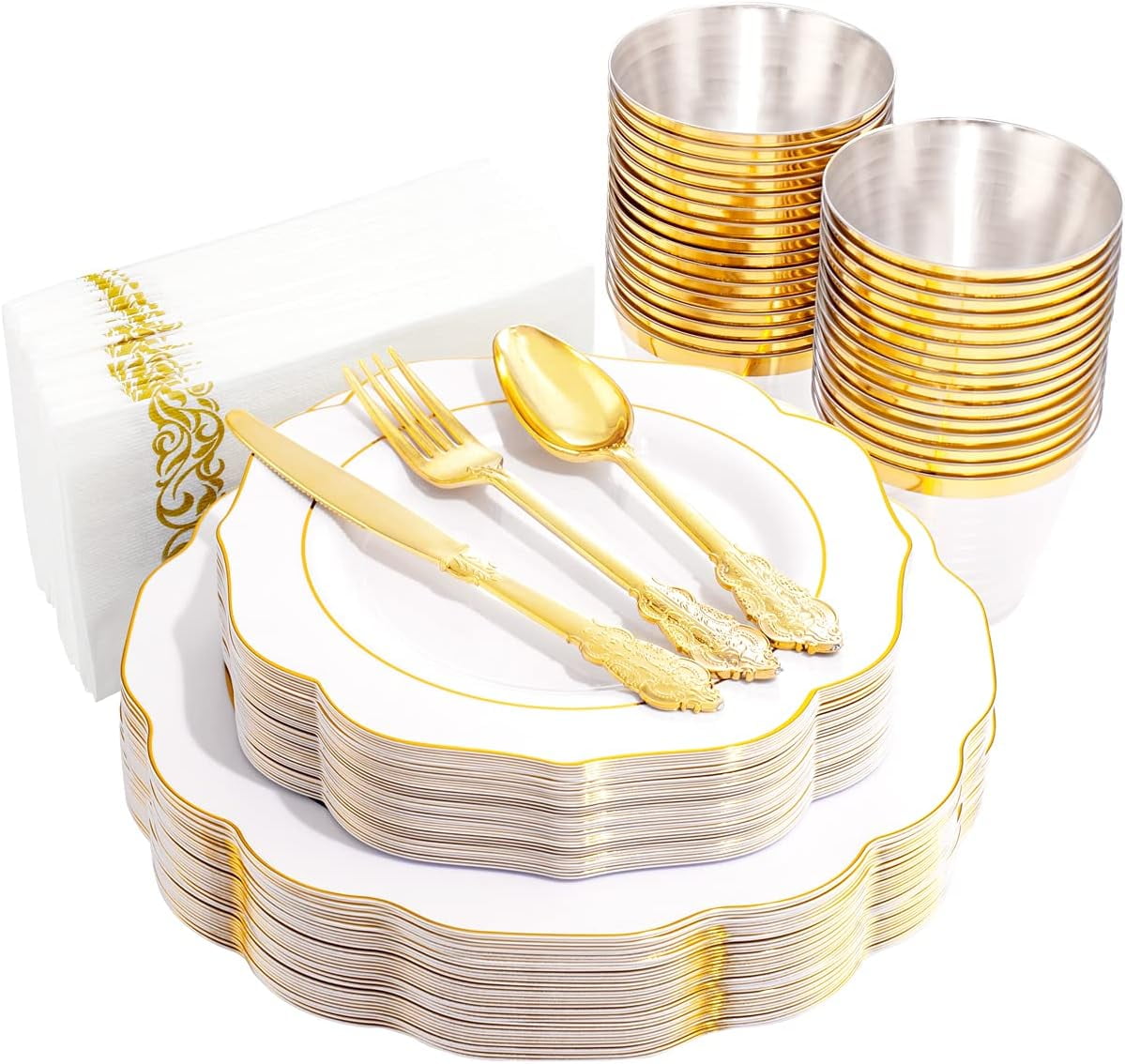 Elegant Gold and White 175-Piece Disposable Plastic Dinnerware Set
