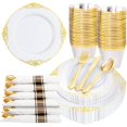 thumbnail image 1 of 175PCS Gold Plastic Plates - Disposable White Gold Party Plates & Pre Rolled Napkins with Cutlery for 25 Guests, 50Plates, 75Silverware, 25Cups, 25Napkin for Wedding & Party & Thanksgiving, 1 of 18