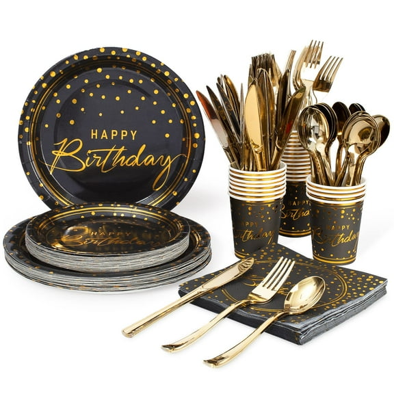 175PCS Happy Birthday Disposable Dinnerware Set AFN1Party Supplies, Paper Black Gold Plates and Napkins with Gold Plastic Forks Knives Spoons Serve 25 Guests for Birthday Party Decoration