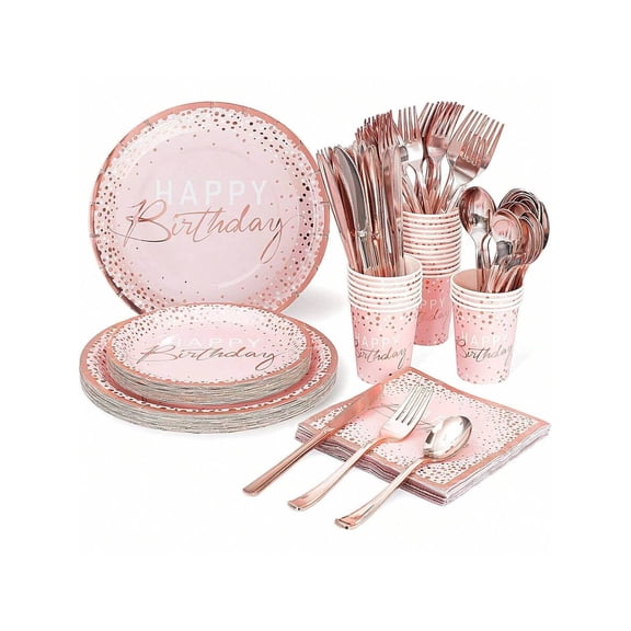 175PCS Happy Birthday Plates And Napkins Party Supplies Disposable Dining Plate, Paper Pink And Rose Gold Plastic Forks Knives Spoons Serve 25 Guests For Girl Women