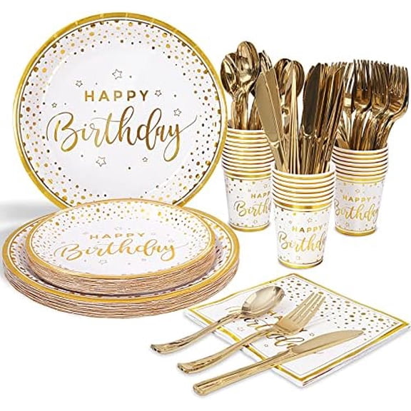 175PCS Happy Birthday Plates and Napkins Party Supplies, Gold Dot Paper Plates and Napkins with Gold Plastic Forks Knives Spoons Serve 25 Guests for Birthday Party Decorations