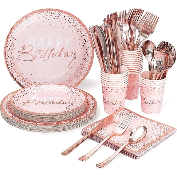 175PCS Happy Birthday Plates and Napkins Party Supplies, Gold Dot Paper Plates and Napkins with Gold Plastic Forks Knives Spoons Serve 25 Guests for Birthday Party Decorations