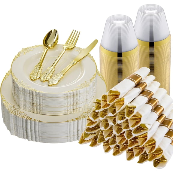 175PCS Ivory Plastic Plates for 25 Guests Disposable Dinnerware Sets Include 50 Plastic Plates, 25 Silverwares, 25 Cups, and 25 Pre Rolled Napkins for Party, Wedding and Graduation