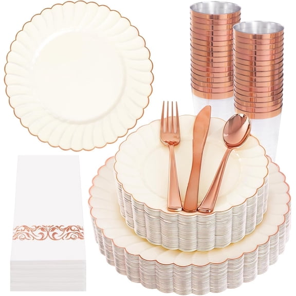 175PCS Ivory Scalloped Plastic Plates - Rose Gold Disposable Dinnerware Set Include 50 Plates, 75 Rose Gold Silverware, 25 Cups, 25 Napkins for Party & Wedding & Baby Shower