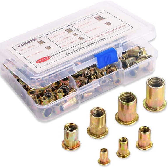 175PCS Metric Rivet Nut Kit Carbon Steel Flat Head Threaded Insert Nut Assorted in M3 M4 M5 M6 M8 M10 M12, Knurled Body (Rivet Nut Kit 1)