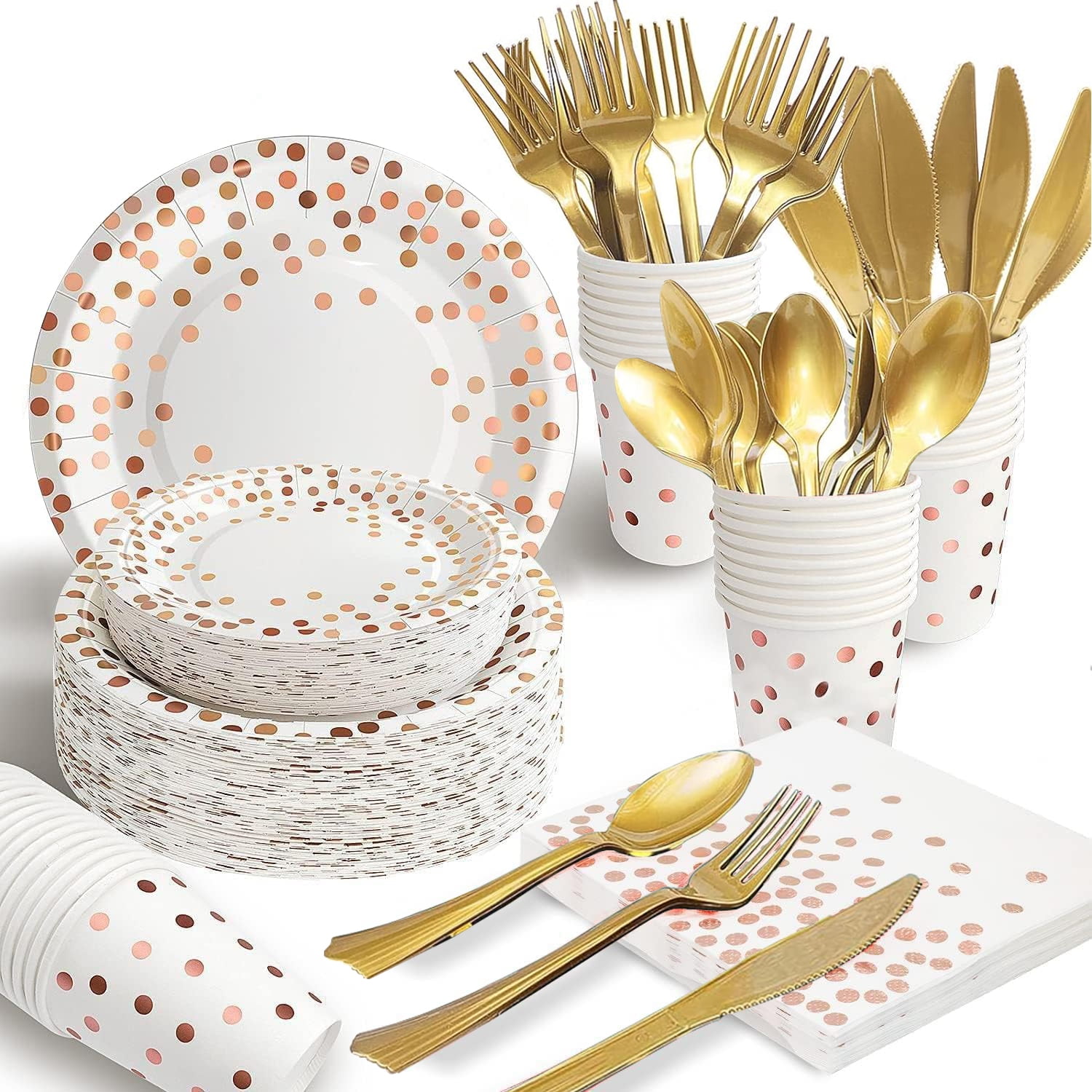 175PCS Party Supplies, Serves 25 White Rose Gold Disposable Dinnerware