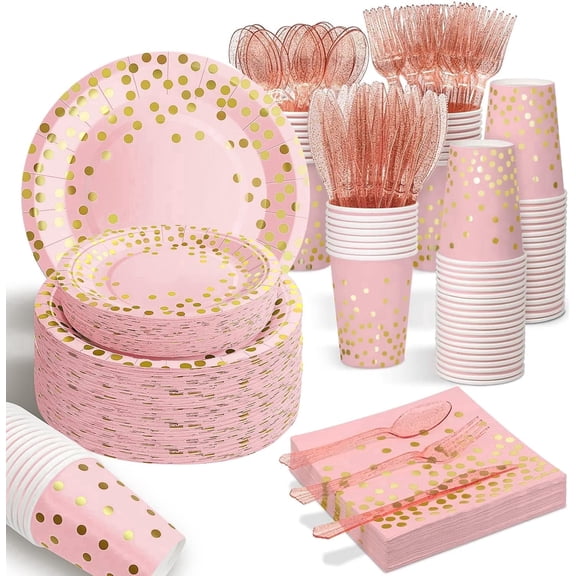 175PCS Pink Gold Party Supplies, Severs 25 Guests Disposable Plastic Forks Knives Spoons Set with Golden Dot Paper Plates Napkins Cups, for Baby Shower Birthday Wedding