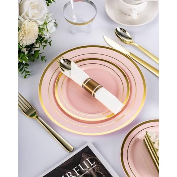 175PCS Pink Plastic Dinnerware Set, Disposable Party Plates for 25 Guests, Include: 50 Pink and Gold Plastic Plates, 25 Pre Rolled Napkins with Gold Silverware, 25 Cups for Wedding, Christmas