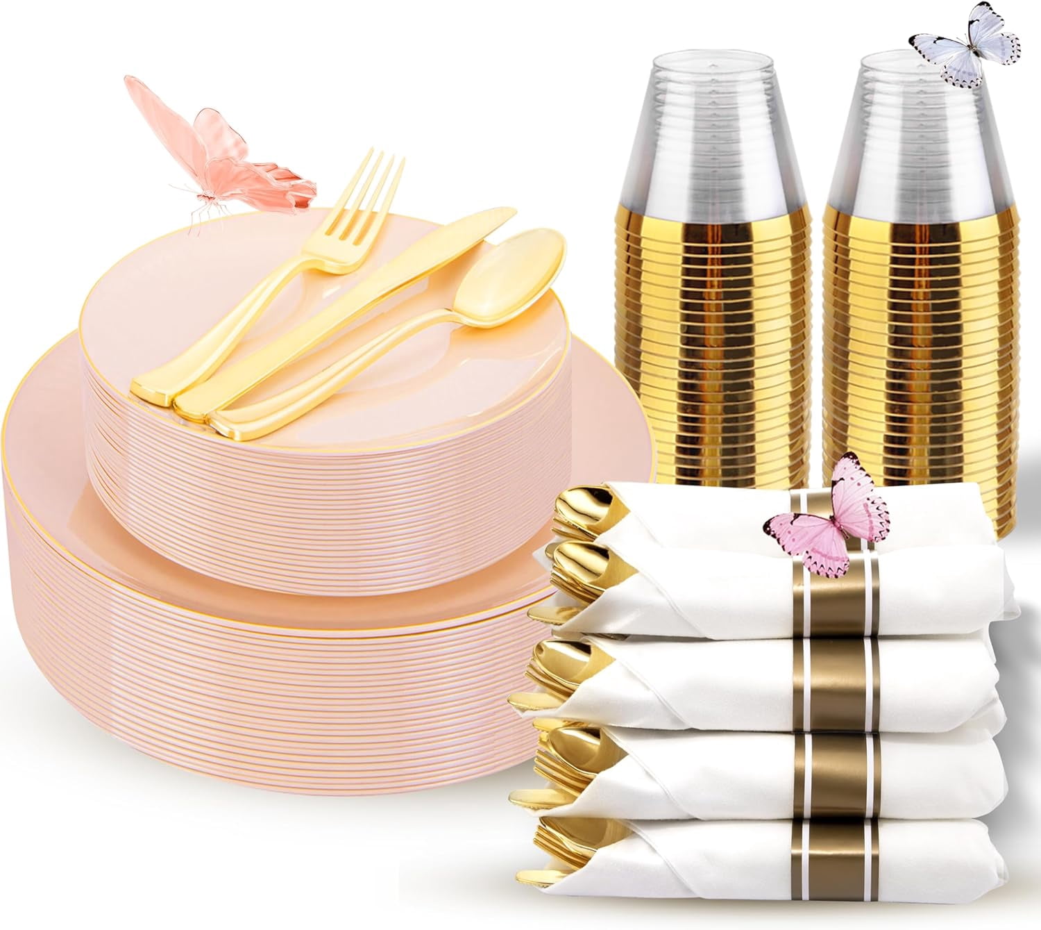 Morejoy 175-Pc Thanksgiving Plastic Plates Set - Pink & Gold Disposable Tableware For 25 Guests