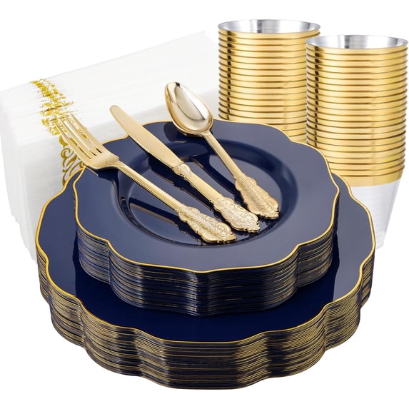 175PCS Pink Plates with Gold Disposable Silverware - Include 50 Pink Plastic Plates,25 Knives,25 Forks,25 Spoons,25 Cups and 25 Napkins - Ideal for Wedding/Party