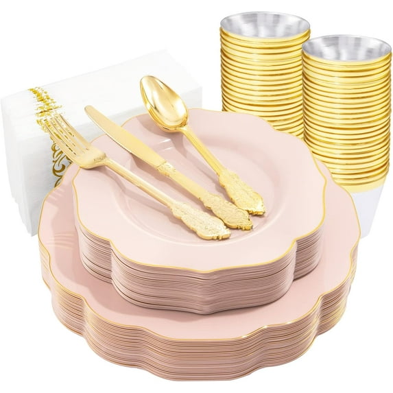 175PCS Disposable Pink Plates with Gold Silverware Set - 50 Pink Plastic Plates, 25 Knives/Forks/Spoons, 25 Cups & 25 Napkins - Ideal for Weddings, Parties & Celebrations