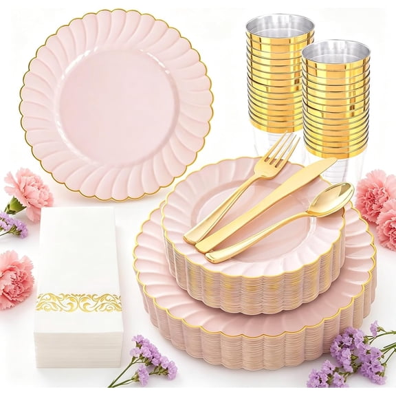 175PCS Pink Scalloped Plastic Plates - Gold Disposable Dinnerware Set Include 50 Plates, 75 Gold Silverware, 25 Cups, 25 Napkins for Party & Wedding & Baby Shower Mothers Day