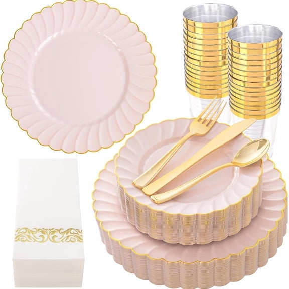 175PCS Pink Scalloped Disposable Plates and Gold Flatware Set - Includes 50 Plates, 75 Utensils, 25 Cups, 25 Napkins for Party, Wedding, Baby Shower, and Special Events