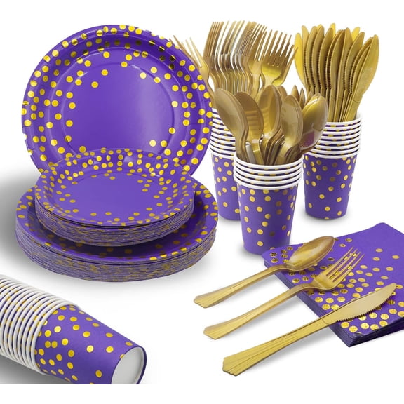 175PCS Purple Gold Paper Plates Party Supplies for 25 Guests Party Decorations Disposable Dinnerware Paper Plates Cups Napkins Gold Plastic Forks Knives Spoons for Birthday Baby Shower Wedding