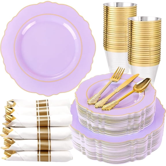 175PCS Purple Plastic Plates-Disposable Lavender Plates 25guest Baroque Plastic Dinnerware include 50Plates, 25Pack Pre Rolled Napkins with Silverware 25Cups for Galentines Day&Easter Day